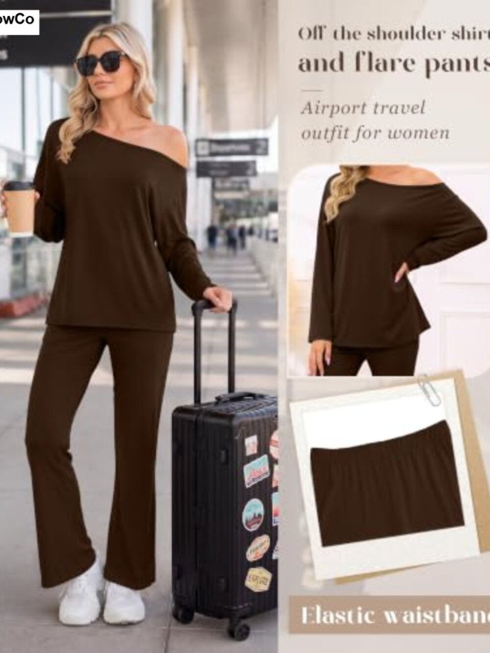 Women's 2 Piece Lounge Set Off Shoulder Top Flare Pants Casual Travel - Picture 3 of 5